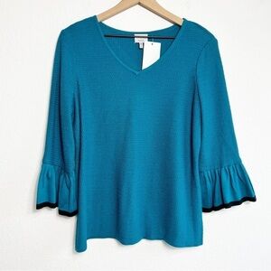 Ming Wang Teal Blue Black Long Sleeve Women Blouse with Ruffle Sleeves New